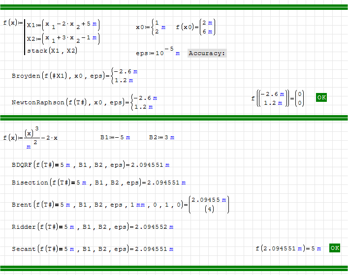 Enthält nichtlineare Löser für Gleichungen und Gleichungssysteme: Bisected Direct Quadratic Regula Falsi (BDQRF), Bisektion, Brent, Broyden, Homotopie, Newton-Raphson, Ridder, Secant, usw.